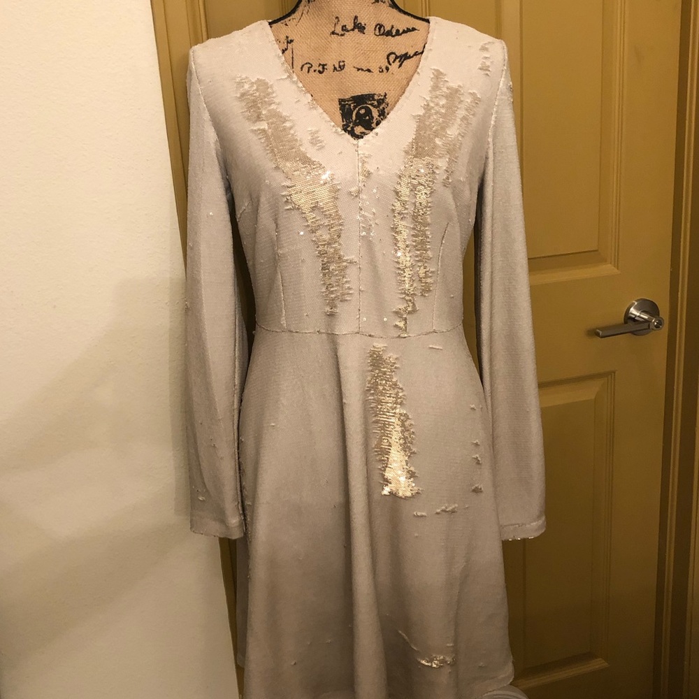 Vince Camuto sequin dress beige beautiful long sleeve above knee fancy 10